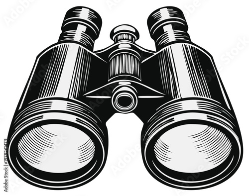 Engraved illustration of binoculars in black and white, with intricate details.
