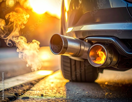 Car exhaust billowing smoke, flames at sunset
