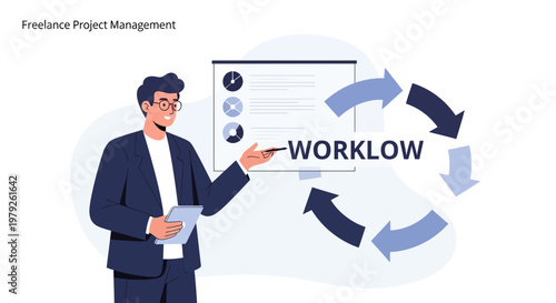 Freelance Project Management: Workflow Concept with Business Man Presenting