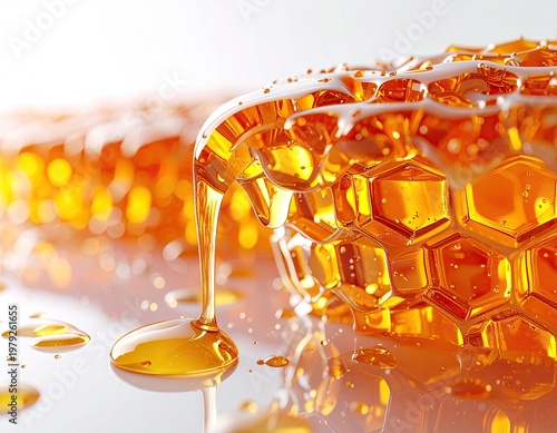 Honeycomb dripping golden syrup against a white backdrop