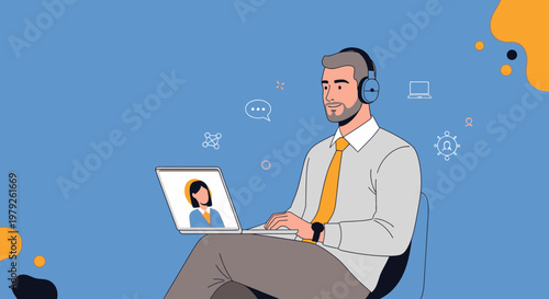Man with Headphones on Video Call, Online Communication, Remote Work Concept
