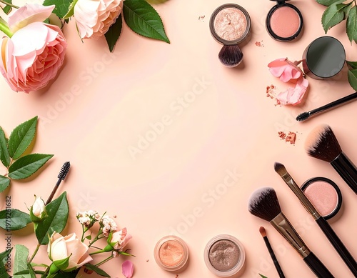 Flat lay of makeup, brushes, and flowers
