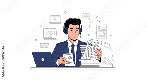 Man with headphones sorting resumes at desk with laptop and calendar