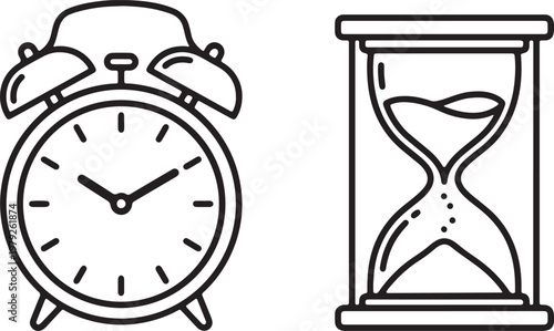 time icons alarm clock and hourglass line art set vector illustration