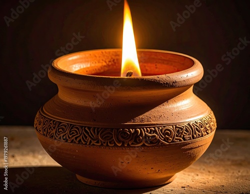 Lit candle in terracotta pot, dark background
