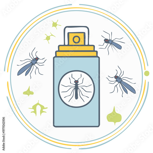 Mosquito repellent spray and insects illustration with abstract elements