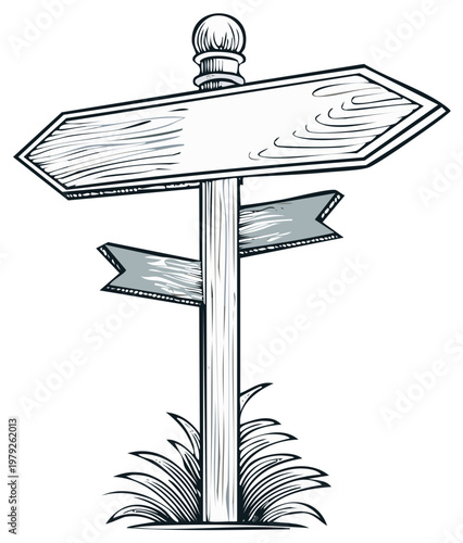 Vintage signpost illustration. Rustic wooden direction post with blank signboards and decorative grass.