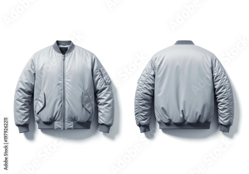 Isolated grey bomber jacket front and back view, urban streetwear fashion mockup, casual utility apparel template