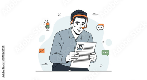 Man with headset reviews document, communication and online work concept