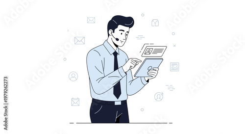 Man with headset using tablet and digital interface, business technology concept