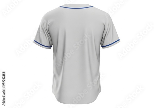 Isolated grey baseball jersey with blue trim, back view, athletic apparel for team sports, uniform mockup, blank template