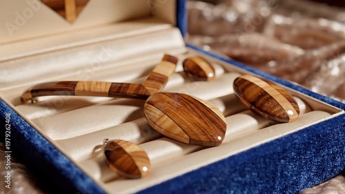 Wooden jewelry set elegantly displayed in blue velvet box  