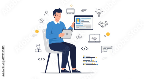 Man with Tablet and Digital Icons: Business, Technology, and Collaboration Concept