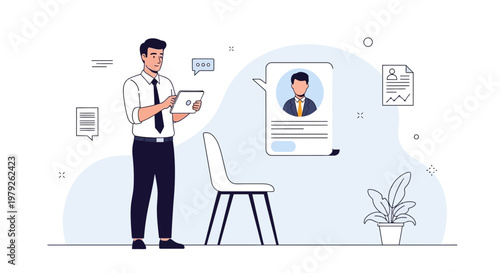 Man with tablet reviews candidate profile during job interview, modern office setting