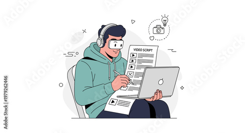Man with VR headset and headphones planning video script on laptop