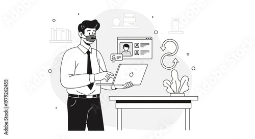 Man with VR headset working on laptop, virtual reality office, remote work concept