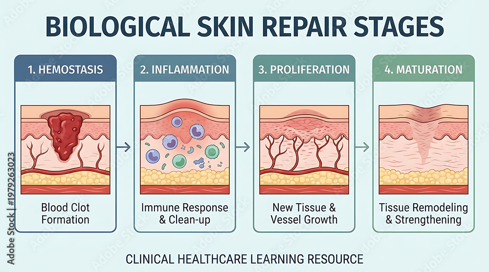 Obraz premium Comprehensive medical infographic detailing biological skin repair stages including hemostasis, inflammation, proliferation, and remodeling maturation for clinical healthcare education.