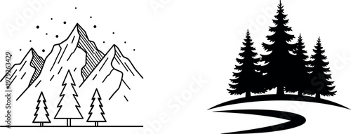 Black and White Mountain Landscape and Forest Path Logo Set for Outdoor Adventure, Hiking, and Nature Designs
