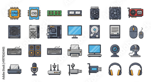Collection of flat icons representing computer hardware and components.