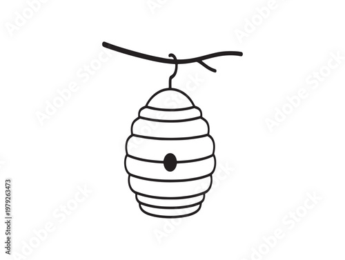 Black and white illustration of a chrysalis hanging from a branch simple line art