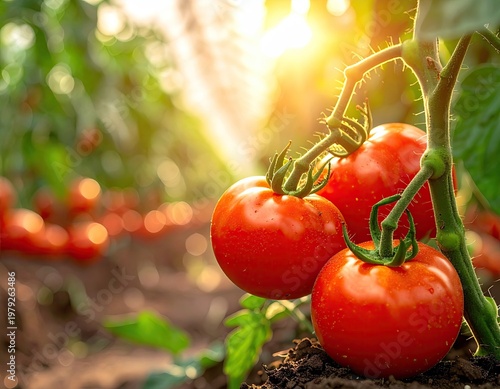 Lush red tomatoes ripen in the warm sun