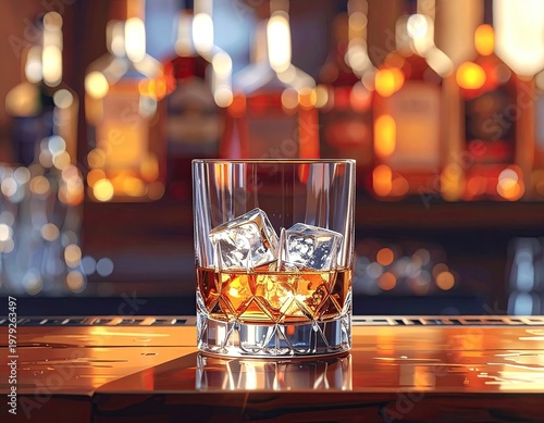 Glass of amber liquor with ice, bar background blurred