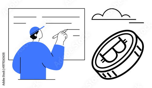 Cryptocurrency, financial planning, blockchain technology, digital currency, business strategy, market trends. A person writing on a board, Bitcoin coin icon. Cryptocurrency and financial planning