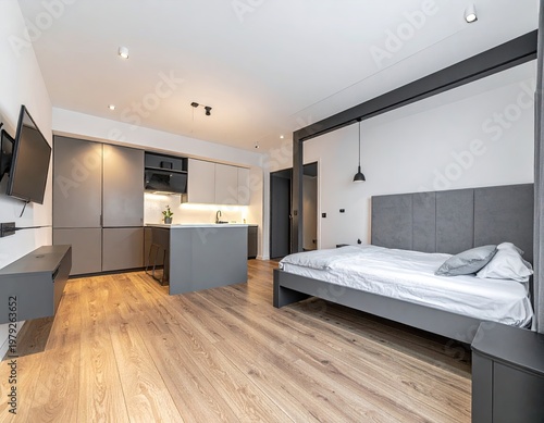 Modern, minimalist studio apartment with integrated spaces