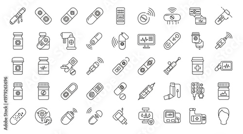 Collection of medical and healthcare icons representing various medical devices and treatments.