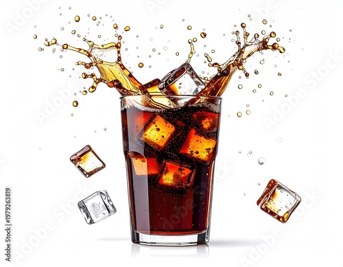 Glass of cola with ice cubes, splash & droplets