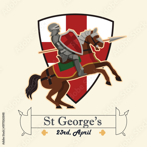  George’s Day April 23 illustration with knight on horseback, lance and England shield
