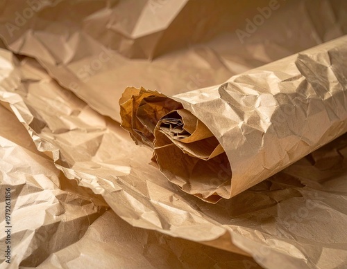 Crumpled brown paper, partially rolled, textured