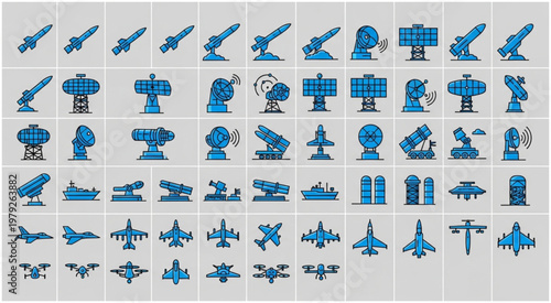 Collection of various military weapons and aircrafts in a grid pattern for design.