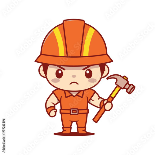 Angry cartoon worker with hammer tool.