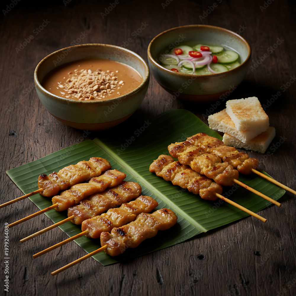 Naklejka premium Luxury Thai Pork Satay with Rustic Elegant Presentation