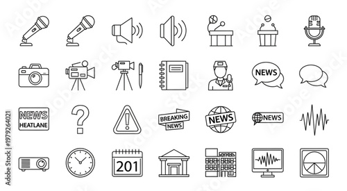 Collection of media and news icons representing communication and information.