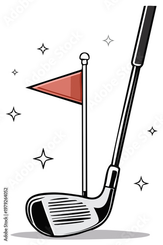 Golf club and flag representing a hole in one on a golf course