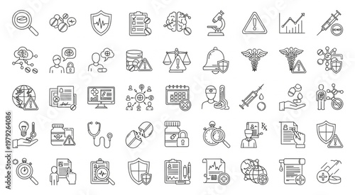 Medical and healthcare icons representing various aspects of medicine and health.