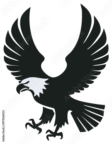 Powerful flying eagle graphic icon with wings spread in a stylized artistic design