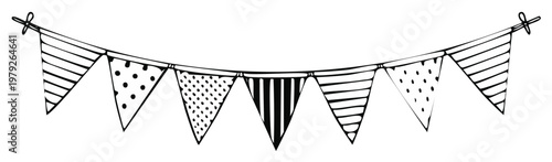 Hand-drawn string of pennant flags with stripes and polka dots