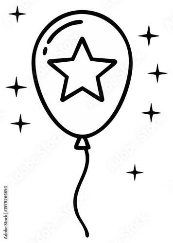 Hand drawn outline of a star inside a balloon surrounded by sparkling stars and a string floating