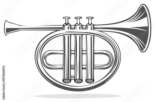 Illustration of Silver Flugelhorn Wind Instrument Isolated on White Backdrop Musical Design