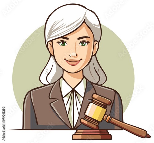 Professional female judge illustration with a judicial gavel for law and justice concepts