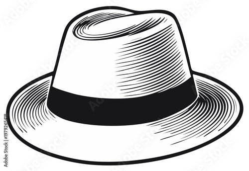 Retro fedora hat illustration with textured hatching and black accent on brim