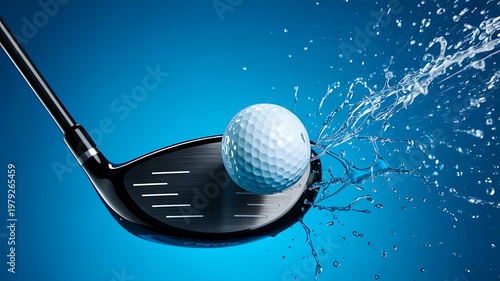 Golf club hitting ball with water splash effect showing power motion and dynamic sports action concept