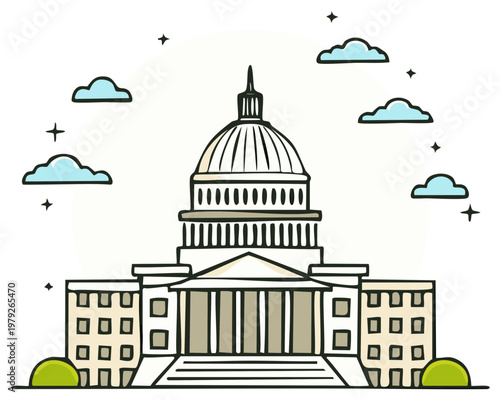 A cartoon illustration of a capitol building surrounded by clouds and stars in a simple style and pastel colors.
