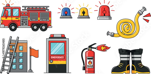 Firefighting Equipment and Emergency Response Tools, Fire Truck, Fire Hose, Fire Extinguisher, Emergency Lights, and More, Vector Illustration