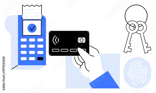 Digital payments, identity verification, fraud prevention, financial transactions, technology, online security. Payment terminal with card, keys fingerprint. Digital payments and identity