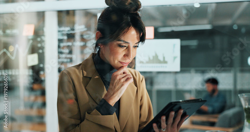 Canvas Print Business, woman or thinking with tablet in office for campaign idea, KPI data or coworking