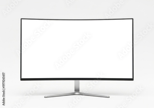 Isolated modern curved wide monitor with blank white screen, perfect for UI design mockup, workspace technology presentation
